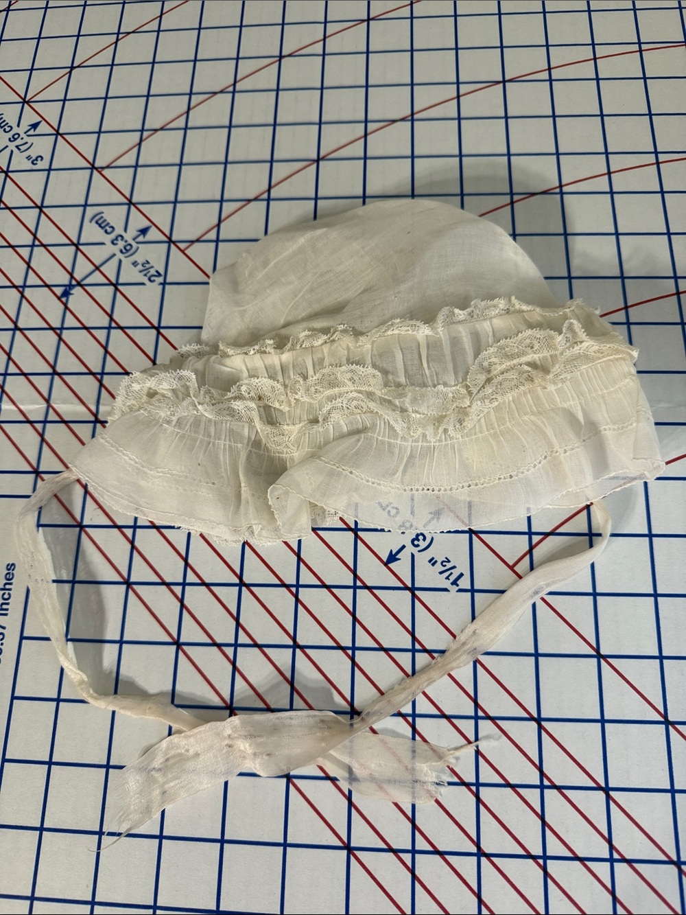 Antique Baby Bonnet Fine Batiste Lace Ruffles c1900s Heirloom Sewing Display